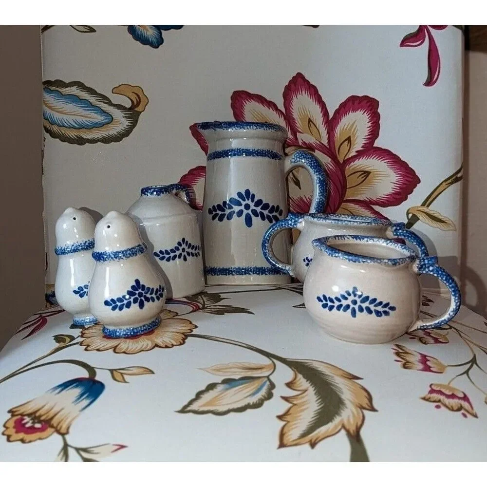 Vintage Loomco China Stoneware Blue Heart Small Coffee‎ Tea Ceramic Set of 6